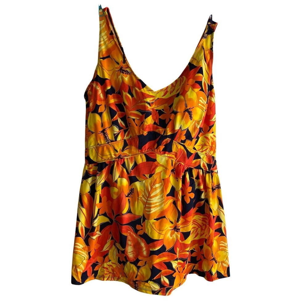 Roaman's Swimdress Womens 24W Orange Tropical Floral Hawaiian Tank Swimsuit